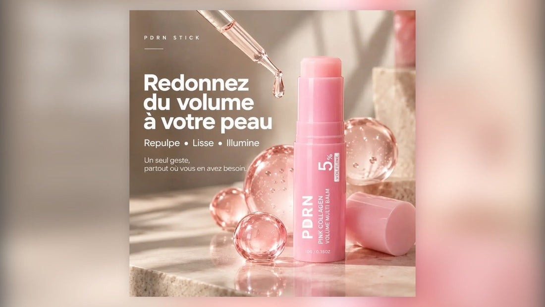 Stick PDRN repulpant posé sur une pierre avec des bulles de sérum